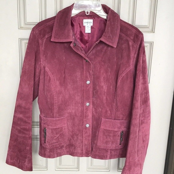 Chico's Design Jacket Sz 2 Magenta Suede Leather Designs Snap Front Zip Pockets - Picture 10 of 10